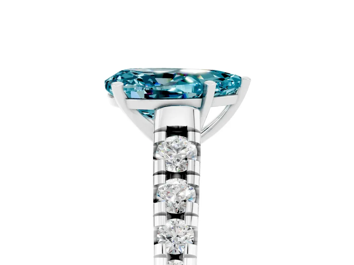Pear Cut Blue Topaz Cathedral Solitaire Ring with Round Pavé Band Silver