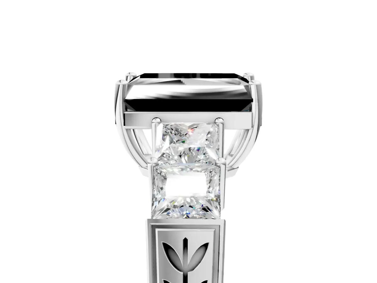 Fancy Black Radiant Cut Solitaire Princess Side Stone Engraved Band Prong Setting Ring Platinum