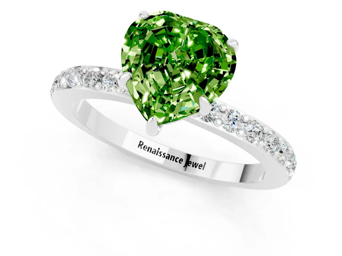 Heart Cut Peridot Pavé Engagement Ring with Round Accents and Prong Setting Silver