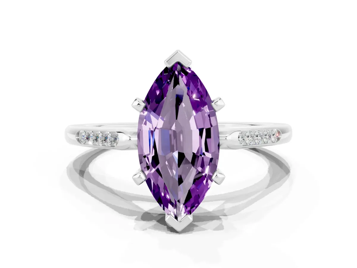 Marquise Cut Amethyst Solitaire Ring with Channel Set Round Band and Prong Setting Silver