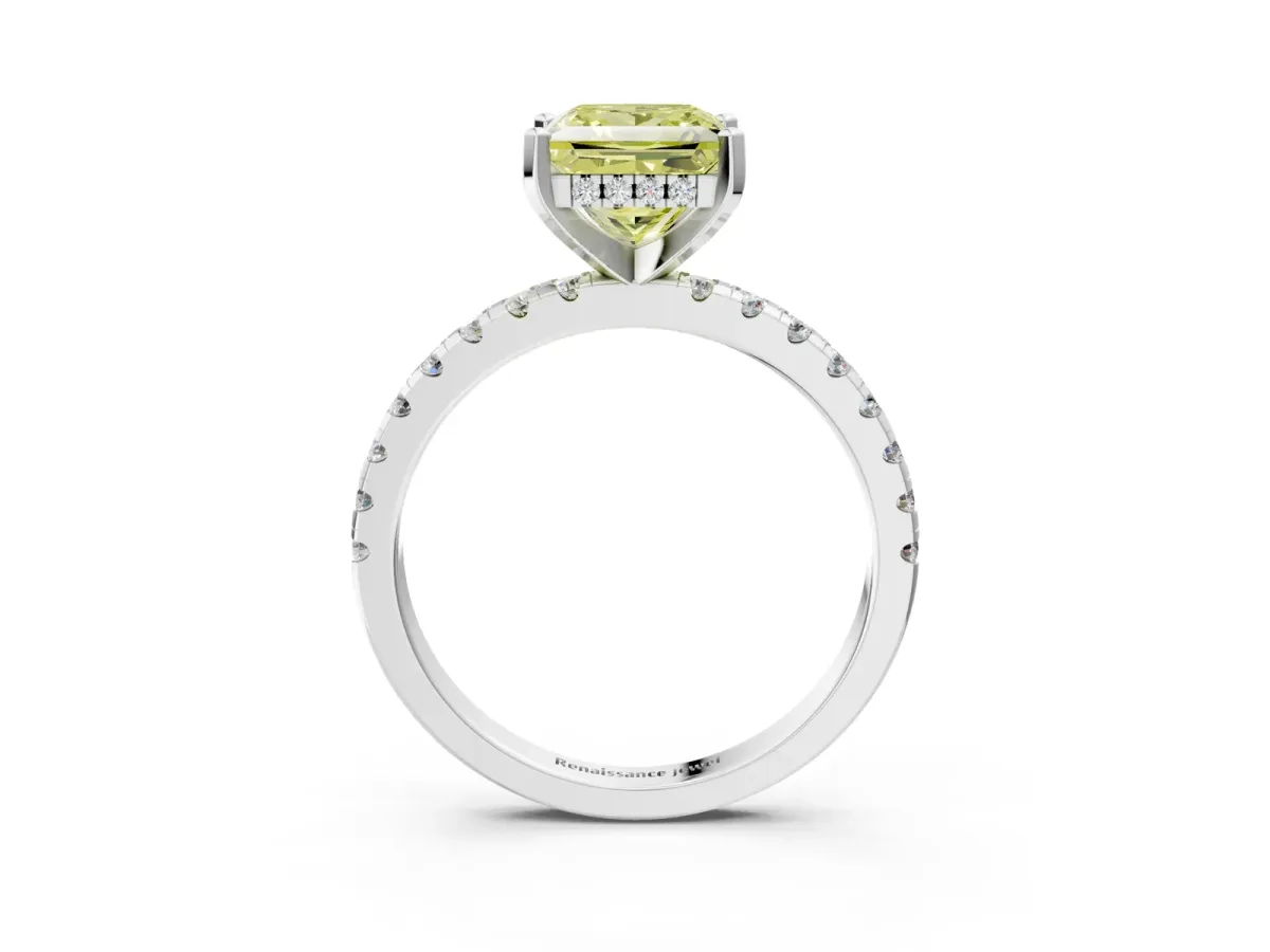 Fancy Yellow Princess Cut Diamond Solitaire Ring with Round Pavé Band and Four-Prong Setting Silver
