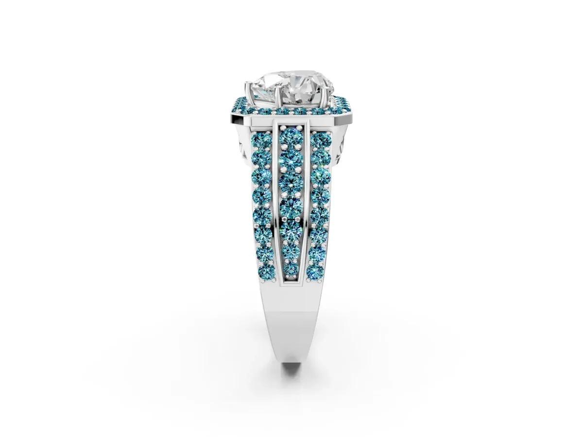 Heart Cut Halo Diamond Ring with Round Blue Topaz Split Shank and Prong Setting Silver