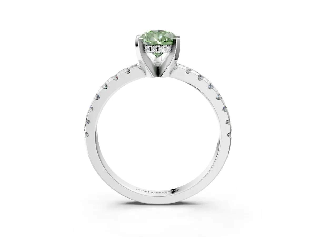 Fancy Green Pear Cut Diamond Solitaire Ring with Round Pavé Band and Four-Prong Setting Silver