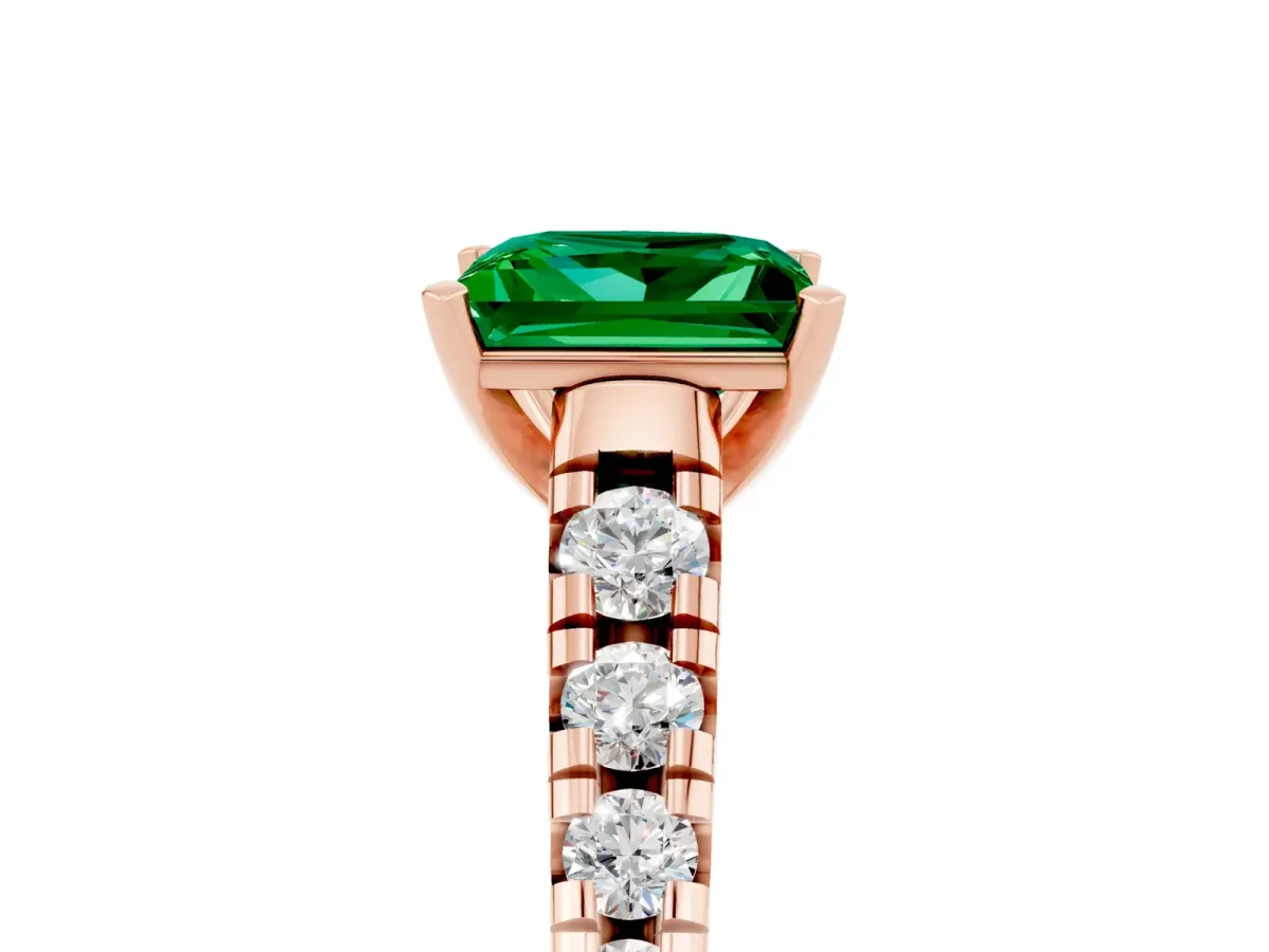 Princess Cut Emerald Cathedral Solitaire Ring with Round Pavé Band Rose gold