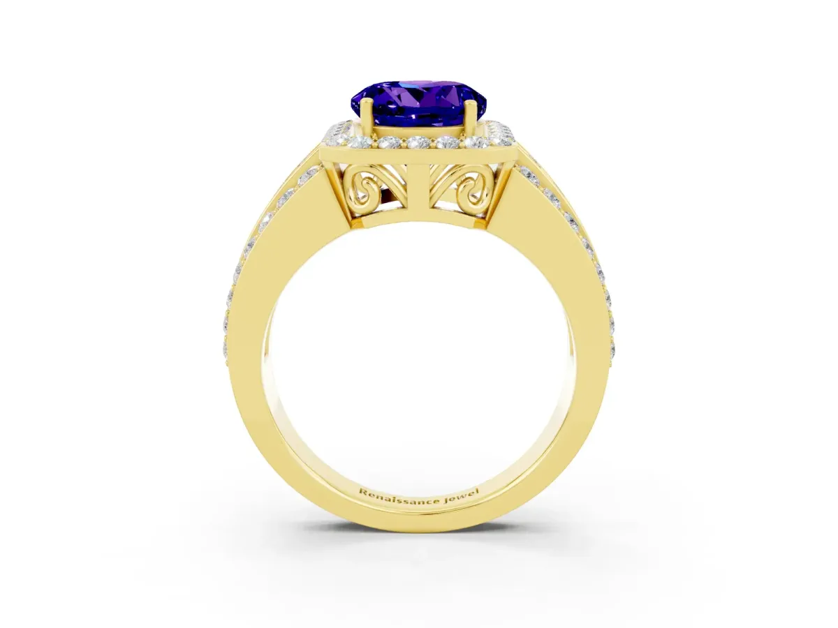Round Cut Halo Tanzanite Ring with Round Split Shank and Prong Setting Yellow gold