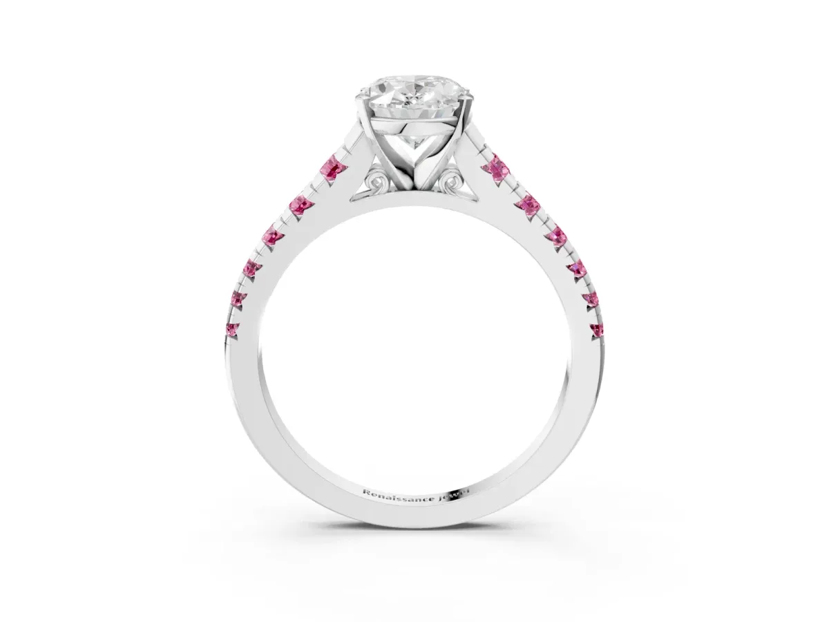 Oval Cut Diamond Cathedral Solitaire Ring with Round Pink Sapphire Pavé Band Silver