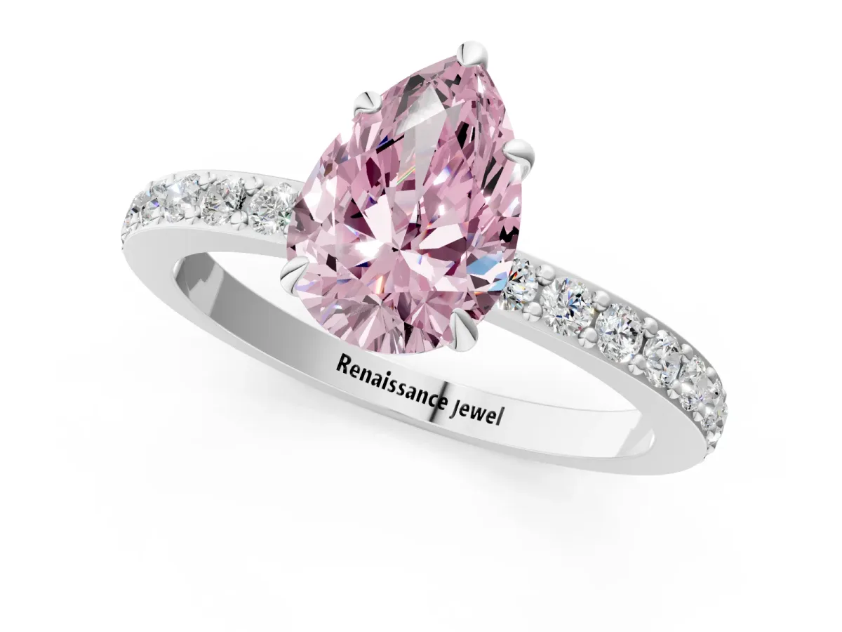 Fancy Pink Pear Cut Diamond Solitaire Engagement Ring with Pavé Band and Four-Prong Setting Silver