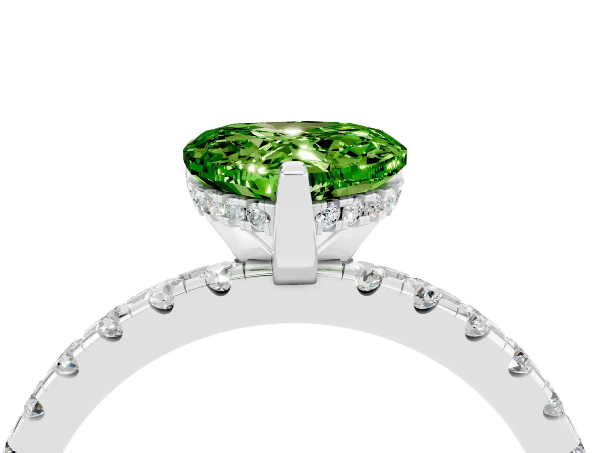 Heart Cut Peridot Solitaire Ring with Round Pavé Band and Four-Prong Setting Silver