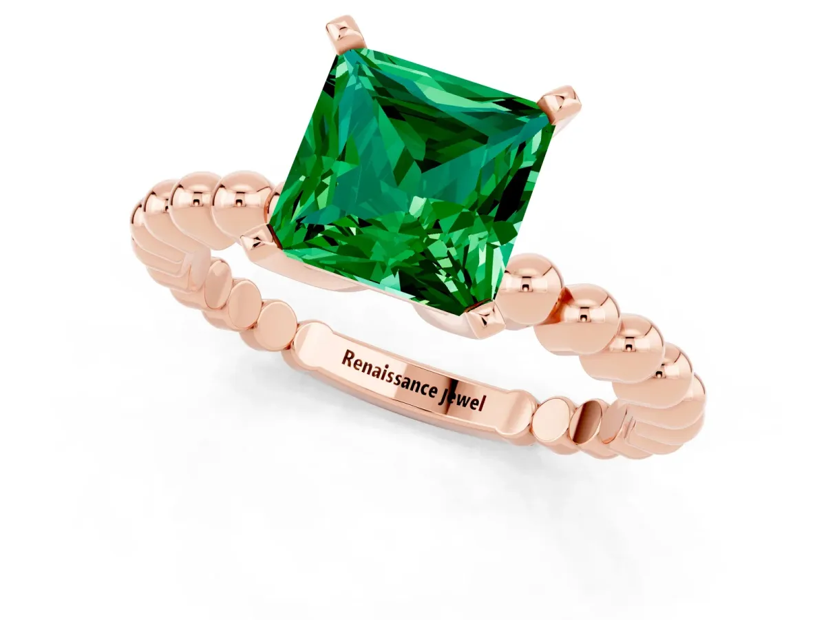 Princess Cut Emerald Solitaire Ring with Beaded Band and Prong Setting Rose gold