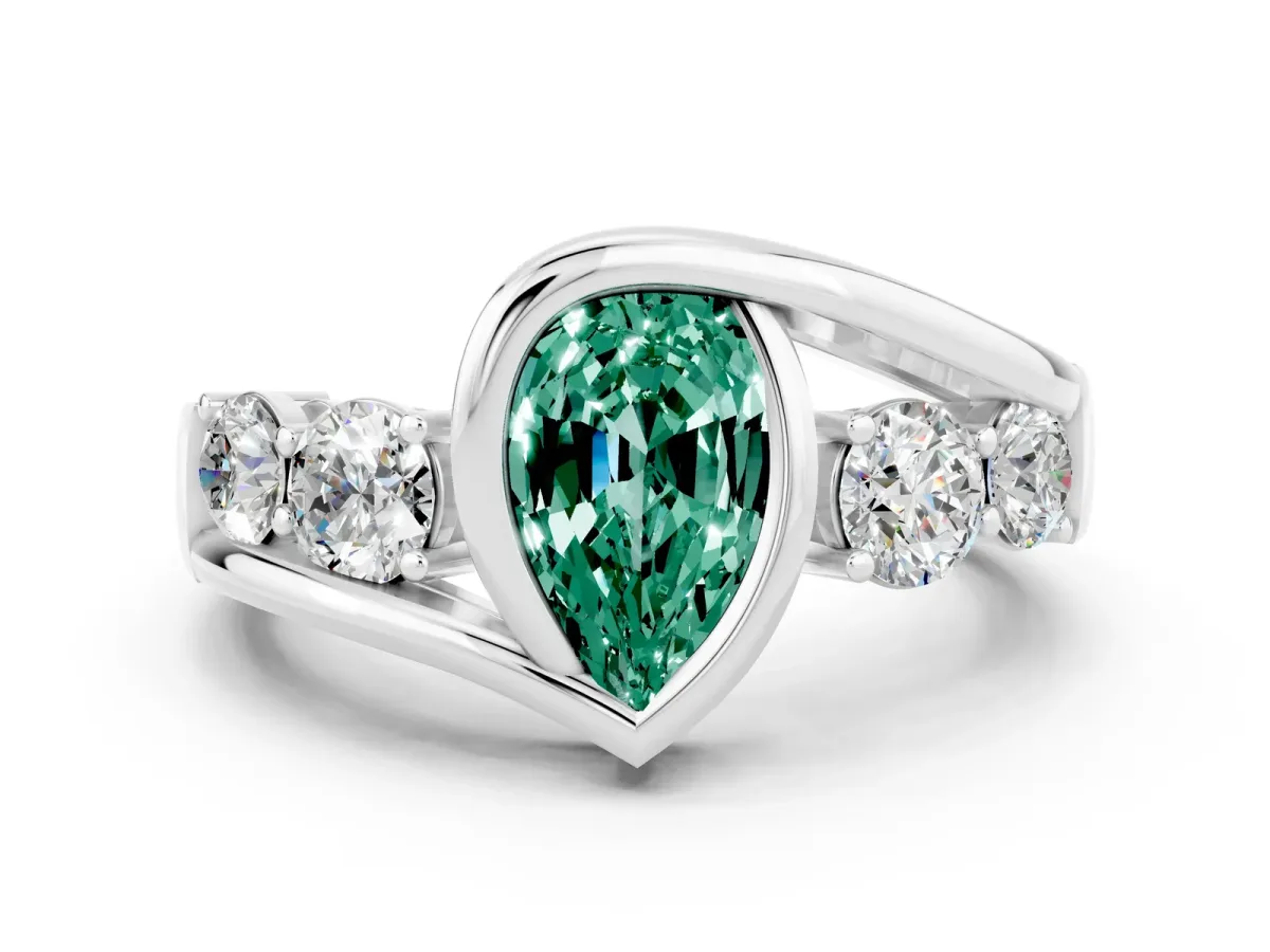 Bezel Set Pear Cut Green Sapphire Bypass Ring with Round Accents Silver