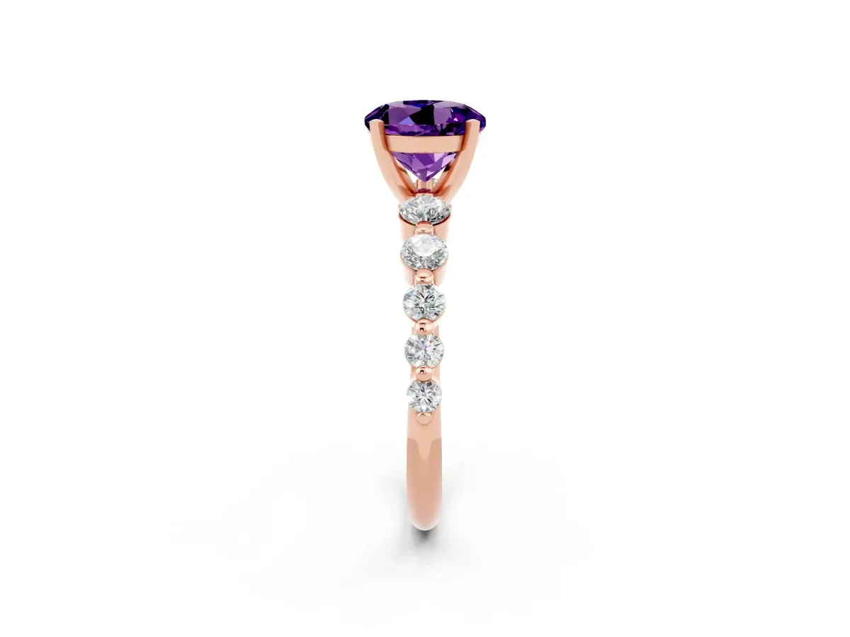 Round Cut Solitaire Amethyst Ring with Pave Band and Four-Prong Setting Rose gold