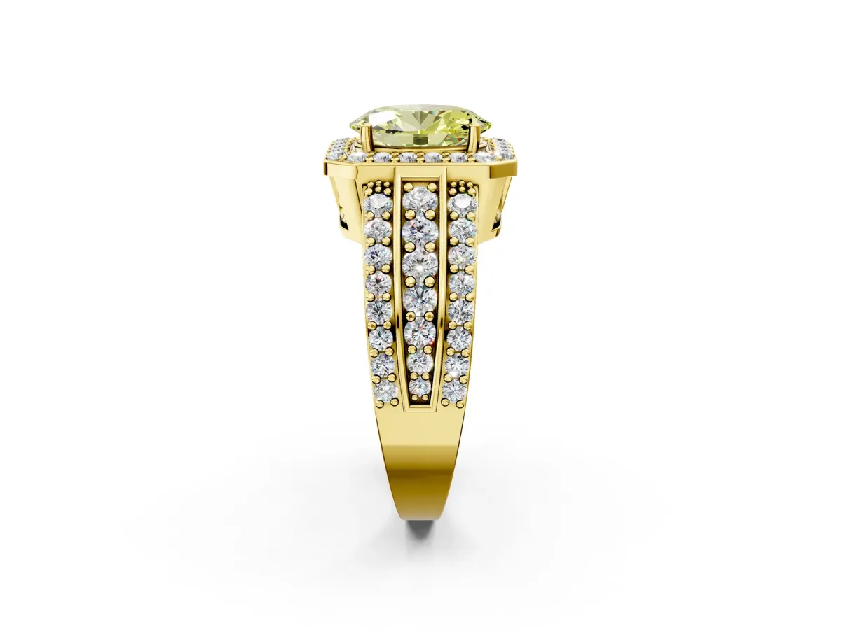 Fancy Yellow Oval Cut Halo Diamond Ring with Round Split Shank and Prong Setting Yellow gold