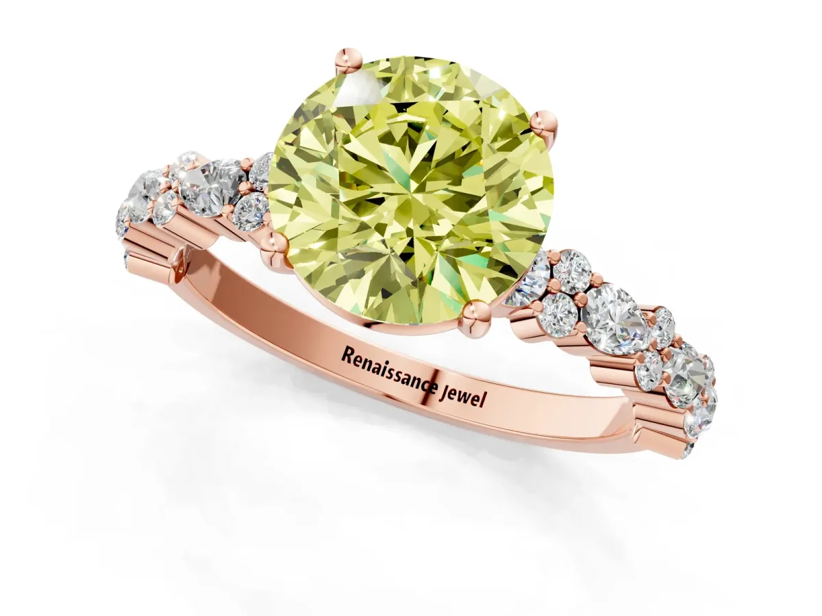 Fancy Yellow Round Cut Diamond Side Stone Solitaire Ring with Round and Four-Prong Setting Rose gold