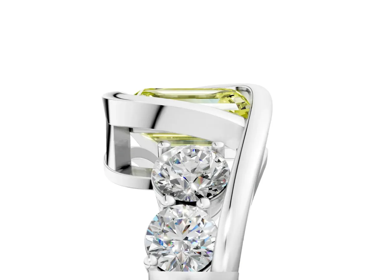 Fancy Yellow Bezel Set Emerald Cut Diamond Bypass Ring with Round Accents Silver