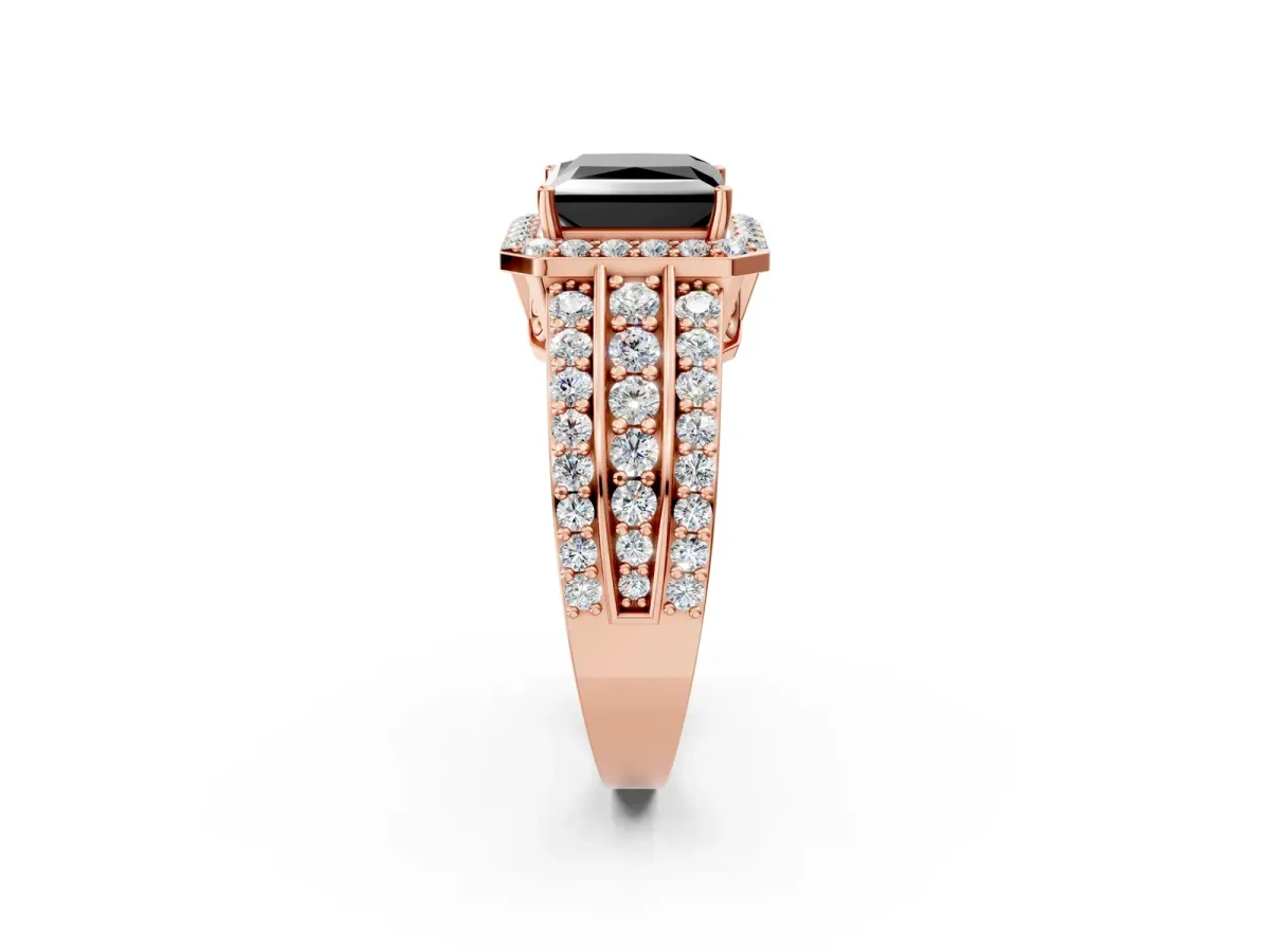 Fancy Black Princess Cut Halo Diamond Ring with Round Split Shank and Prong Setting Rose gold