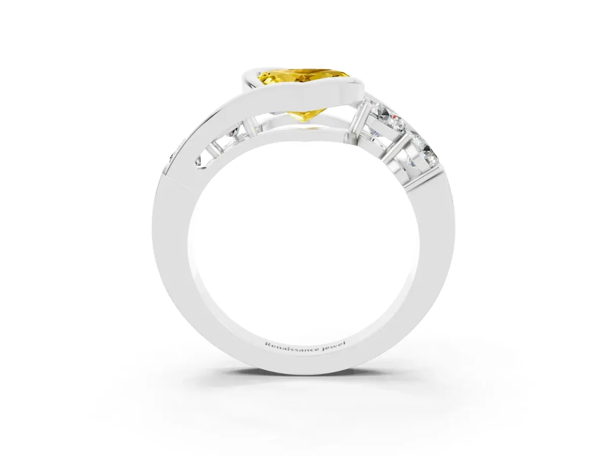 Bezel Set Heart Cut Yellow Sapphire Bypass Ring with Round Accents Silver