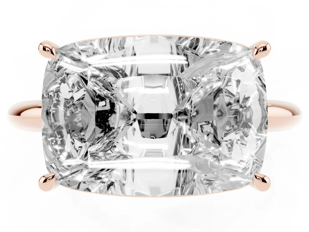 Old Mine Elongated Cushion Diamond East-West Bezel Set Four Claw Solitaire Ring Rose gold