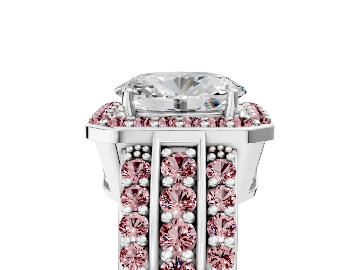 Oval Cut Halo Diamond Ring with Round Morganite Split Shank and Prong Setting White gold