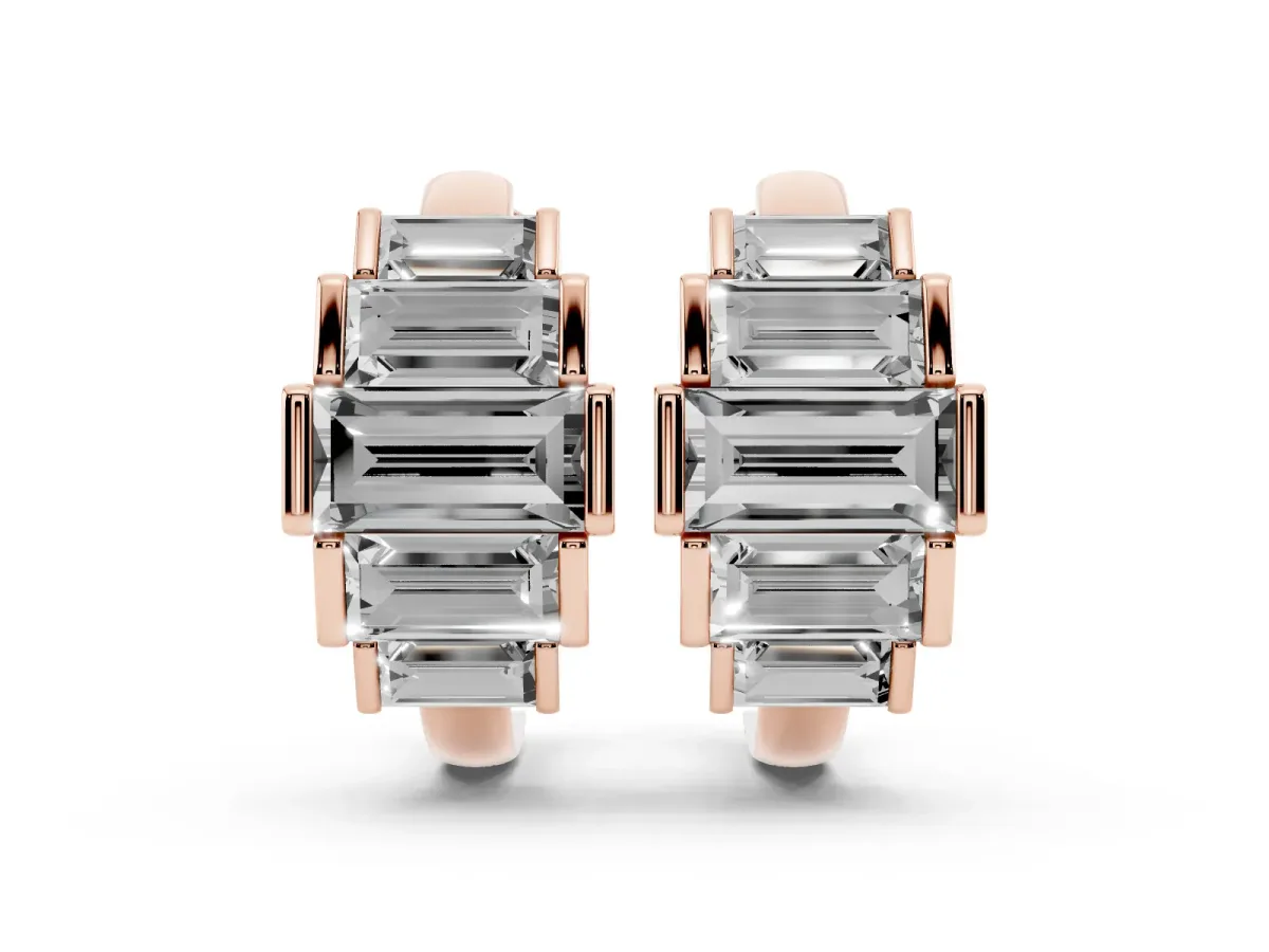 Baguette Cut Diamond Graduated Channel Set Hoop Earrings Rose gold