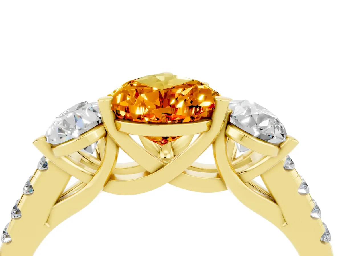 Three-Stone Pear Cut Citrine Ring with Round Pavé Band and Prong Setting Yellow gold