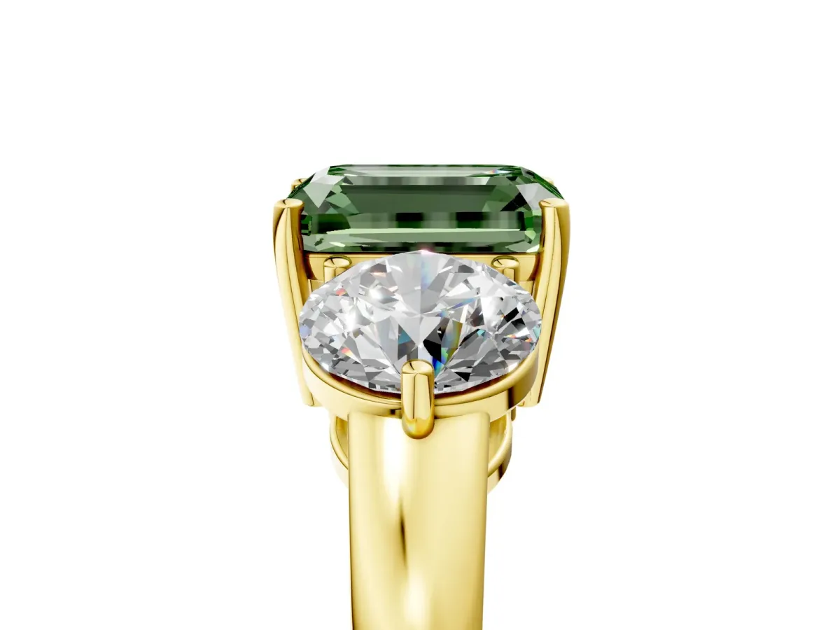 Fancy Green Emerald Cut Diamond Three-Stone Ring with Prong Setting and Classic Band Yellow gold