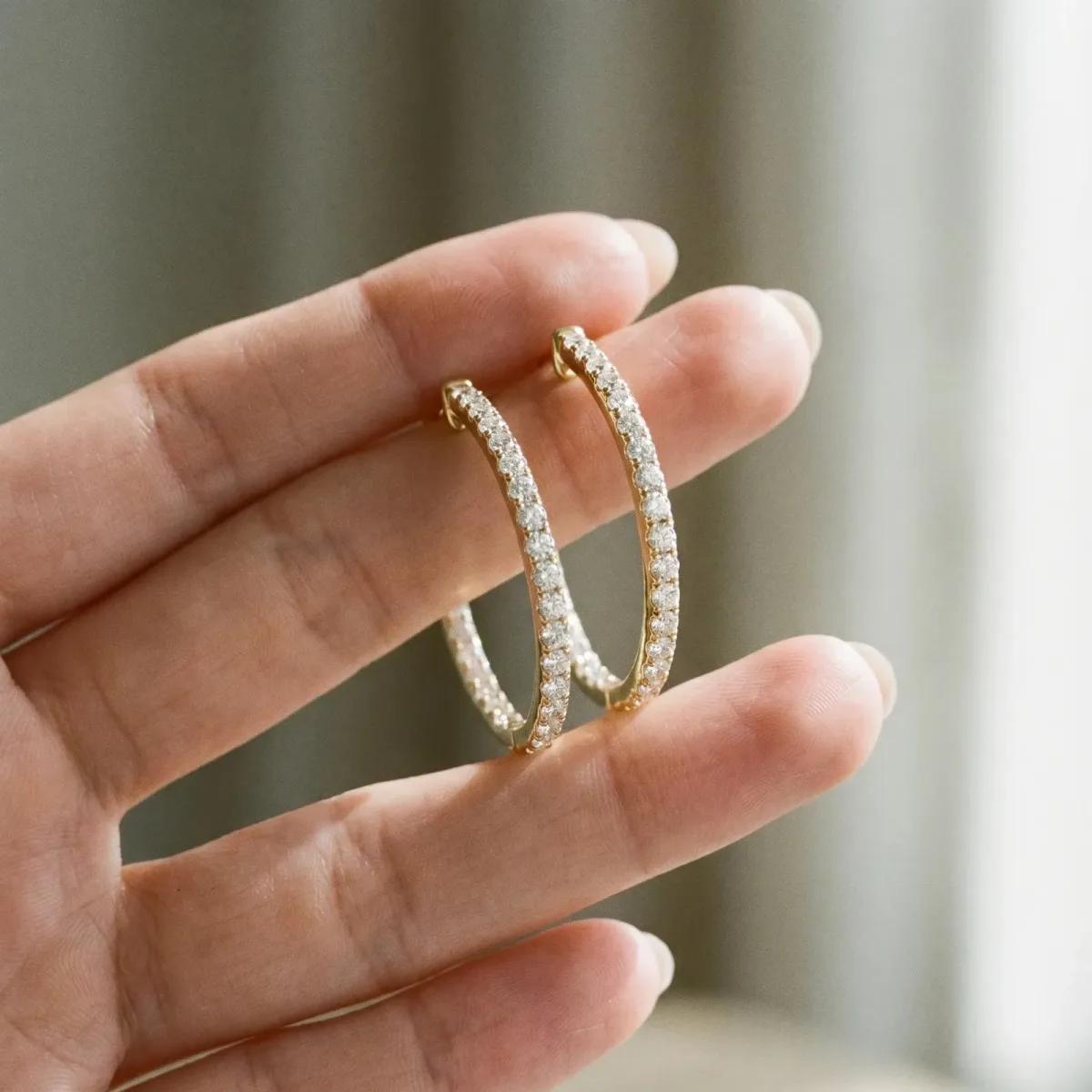 Round Diamond Pave Hoop Earrings with Channel Setting Yellow gold