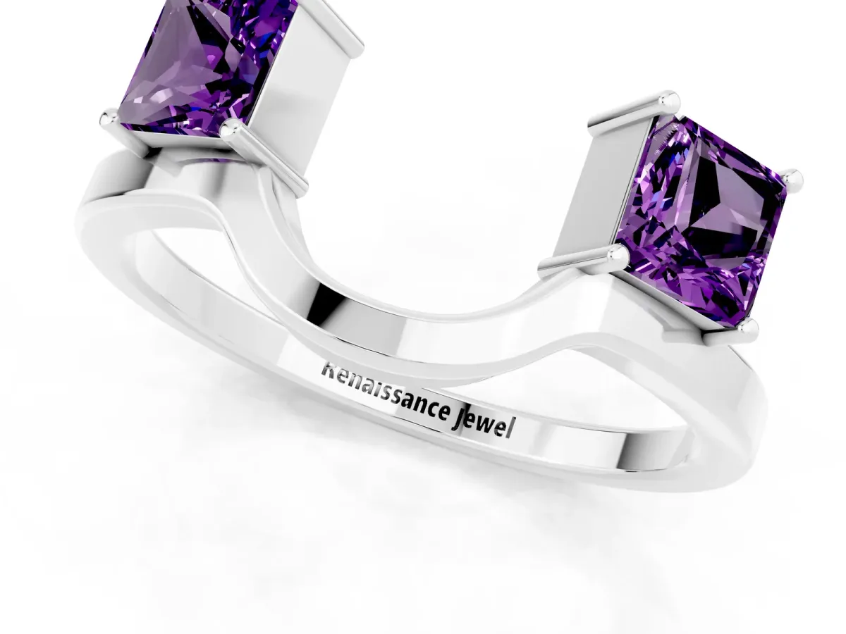 Princess Cut Amethyst Two-Stone Open Band Ring with Four-Prong Setting White gold