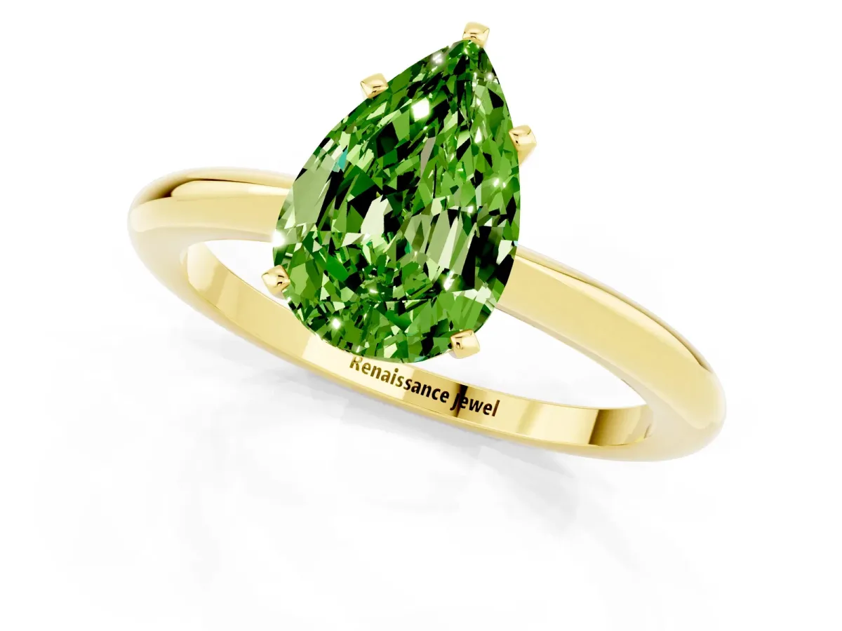 Pear Cut Peridot Solitaire Ring with Six-Prong Setting and Classic Band Yellow gold