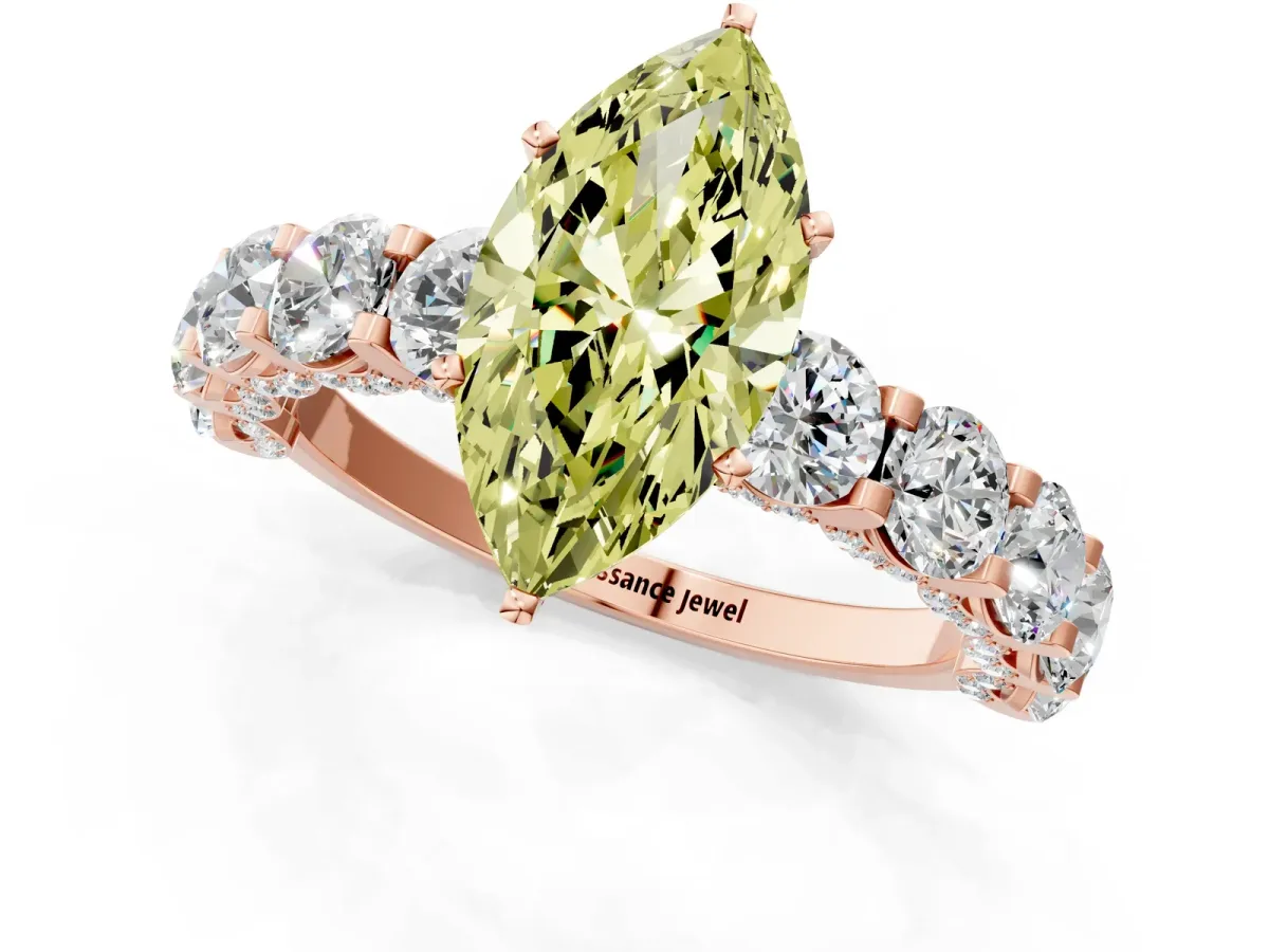 Fancy Yellow Marquise Cut Diamond Side Stone Engagement Ring with Four-Prong Setting Rose gold