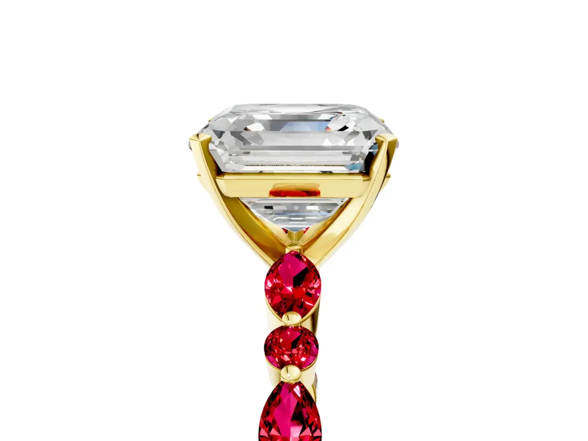 Asscher Cut Diamond Ring with Marquise and Round Ruby Side Stones and Four-Prong Setting Yellow gold