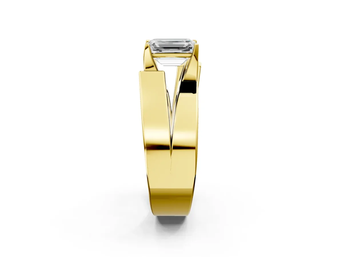 Modern Tension Set Emerald Cut Diamond Solitaire Wide Band Ring Yellow gold