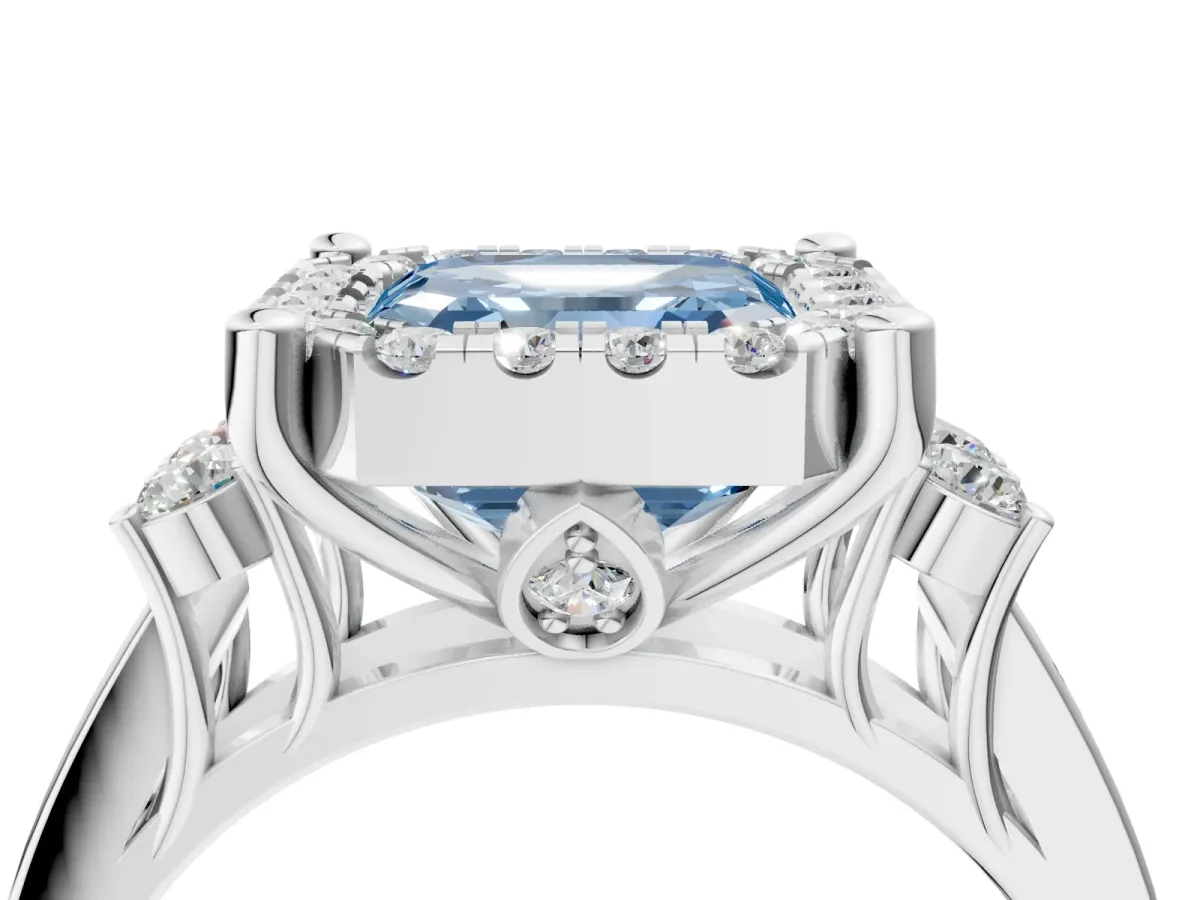 Fancy Blue Asscher Cut Halo Diamond Engagement Ring with Split Shank and Four-Prong Setting Platinum