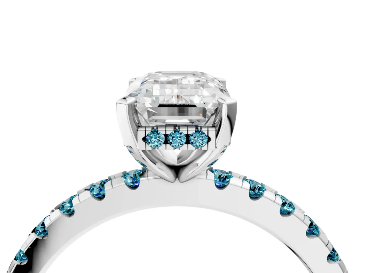 Emerald Cut Diamond Solitaire Ring with Round Blue Topaz Pavé Band and Four-Prong Setting Silver
