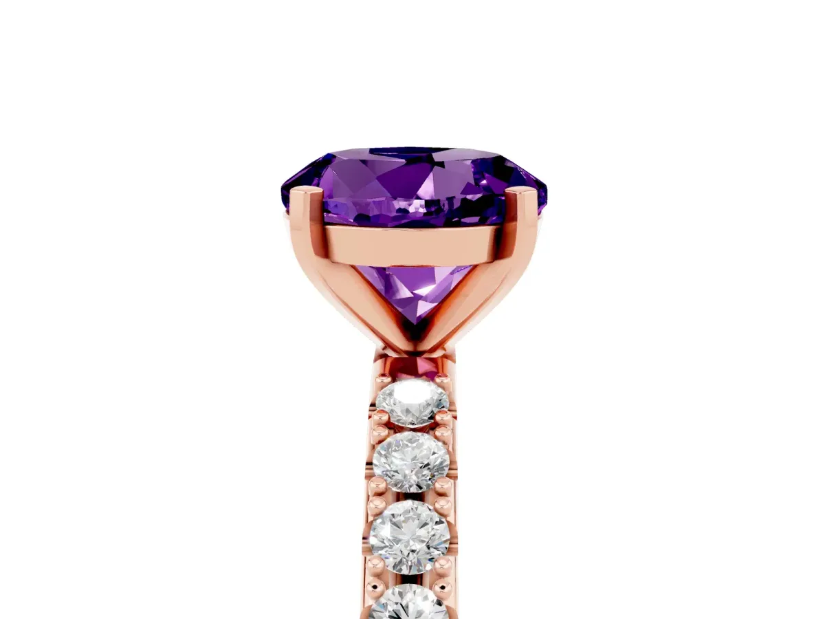 Round Cut Amethyst Solitaire Pavé Band with Four-Prong Setting Rose gold