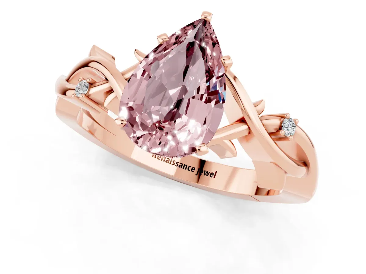 Pear Cut Morganite Solitaire Ring with Twisted Band and Prong Setting Rose gold