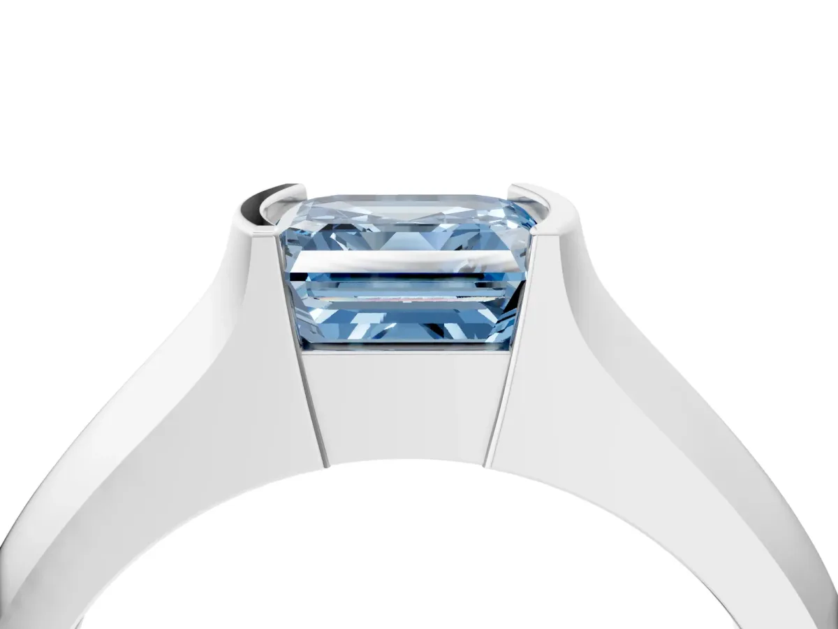 Fancy Blue Asscher Cut Solitaire Bezel Set Diamond Ring with Wide Band Platinum