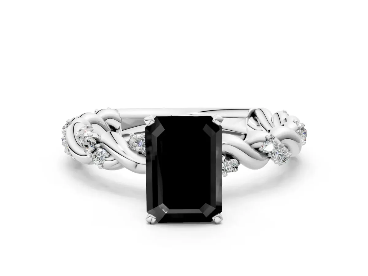 Fancy Black Emerald Cut Diamond Solitaire Ring with Twisted Band and Pavé Accents Platinum