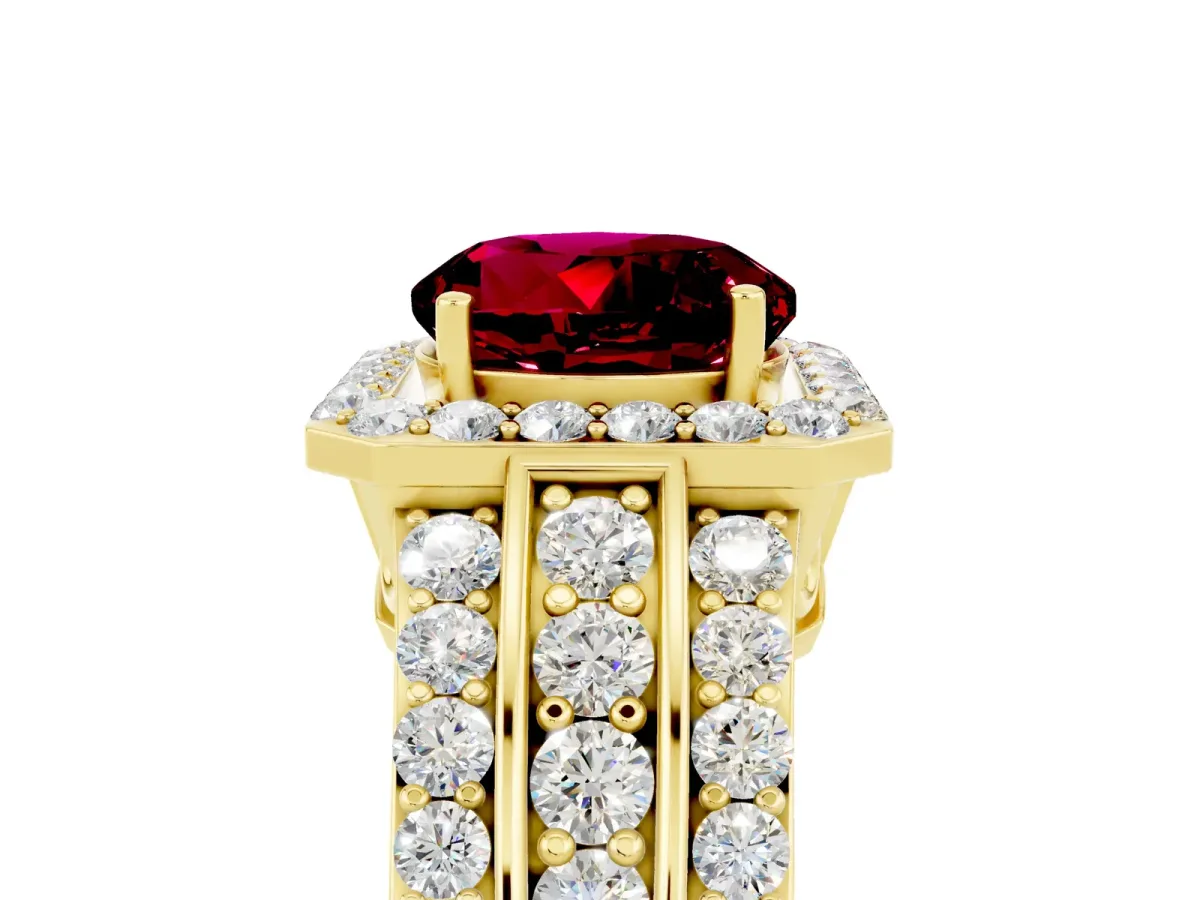 Round Cut Halo Garnet Ring with Round Split Shank and Prong Setting Yellow gold
