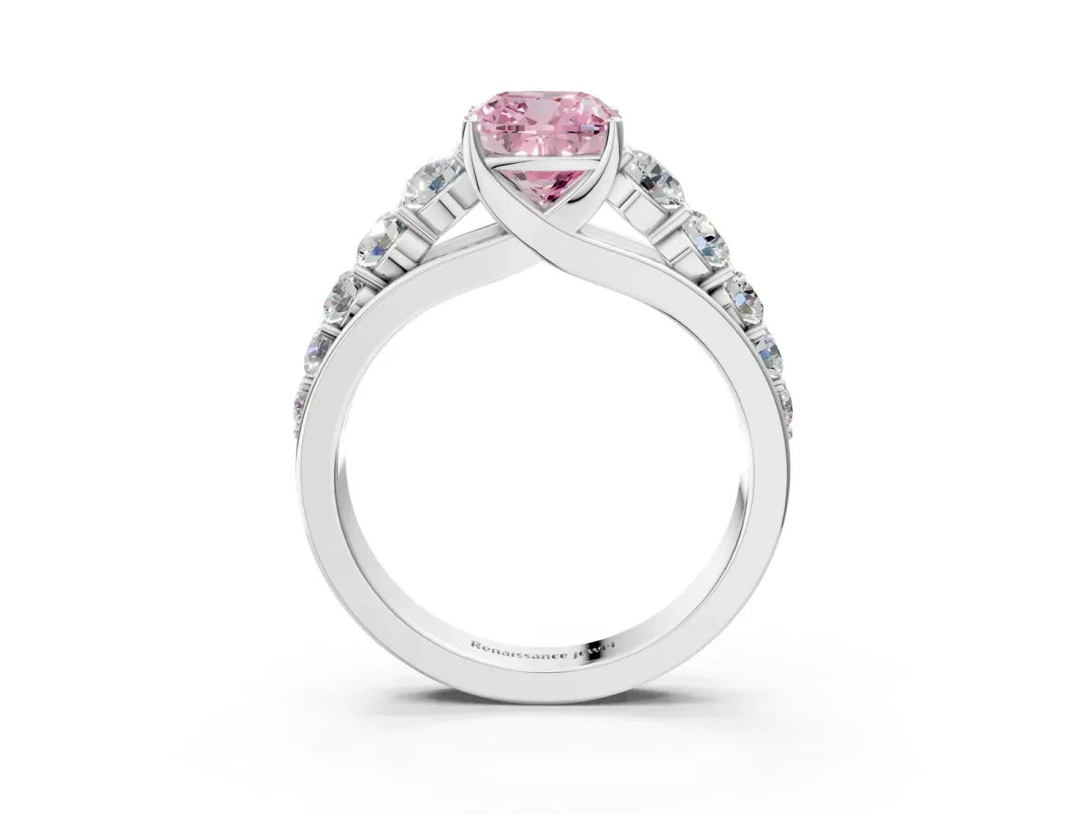Fancy Pink Cushion Cut Brilliant Diamond Pavé Band with Six-Prong Setting Silver