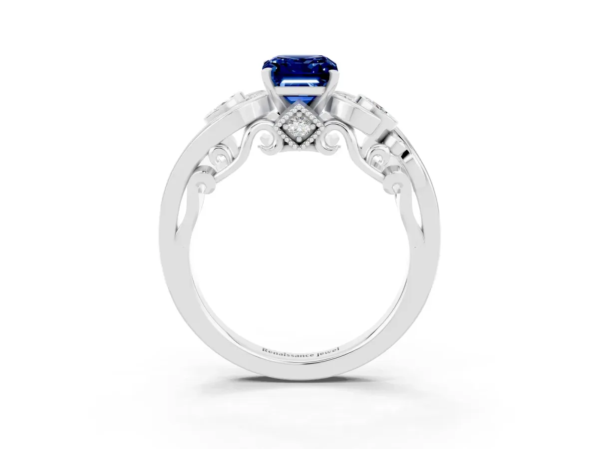 Emerald Cut Blue Sapphire Solitaire Ring with Milgrain Pavé Band and Four-Prong Setting Silver