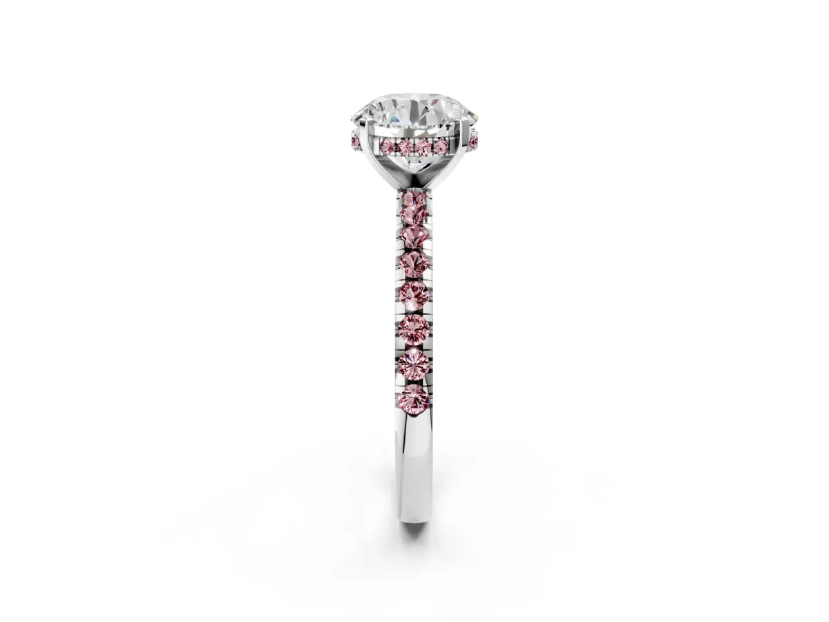 Round Cut Diamond Solitaire Ring with Round Morganite Pavé Band and Four-Prong Setting Silver