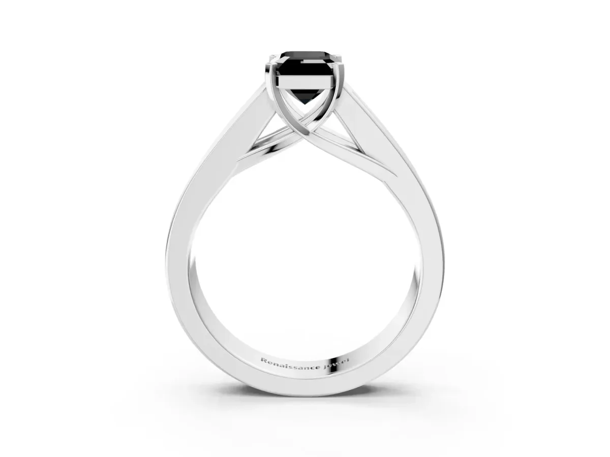 Fancy Black Emerald Cut Cut Channel Set Solitaire Ring with Four-Prong Setting White gold