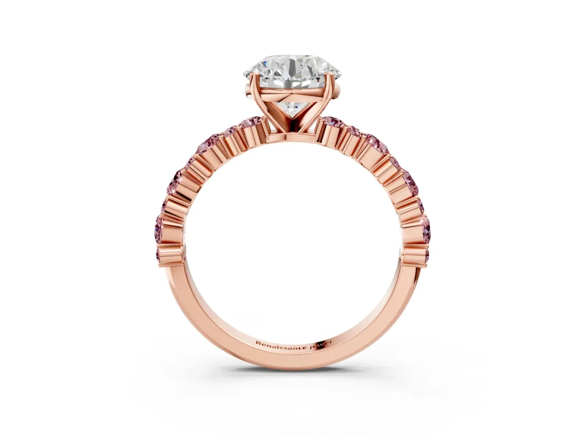 Round Cut Diamond Side Stone Solitaire Ring with Round Morganite and Four-Prong Setting Rose gold