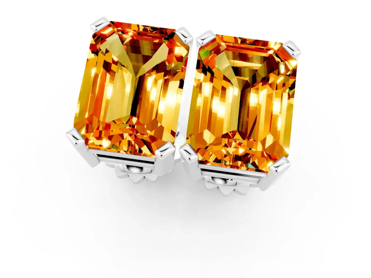 Emerald Cut Citrine Stud Earrings Silver