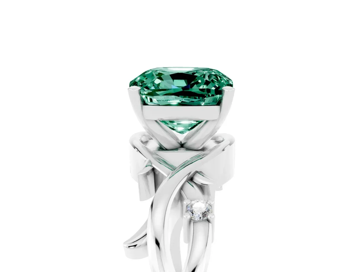 Cushion Cut Green Sapphire Solitaire Ring with Twisted Band and Prong Setting Silver