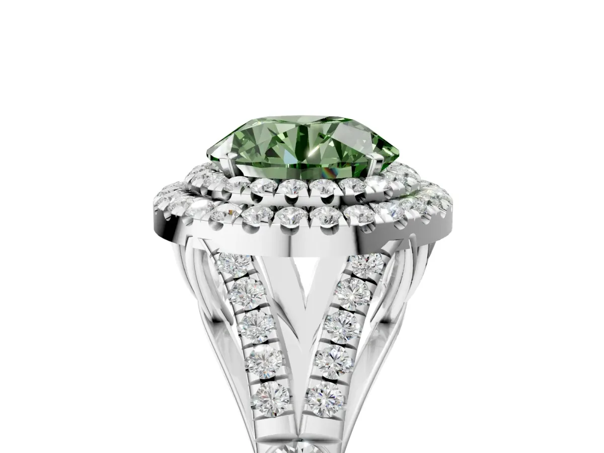 Fancy Green Double Halo Round Cut Diamond Split Shank Engagement Ring with Four-Prong Setting White gold