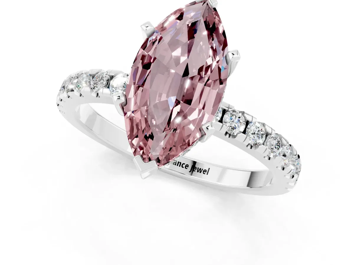 Marquise Cut Morganite Solitaire Ring with Round Pavé Band and Four-Prong Setting Silver