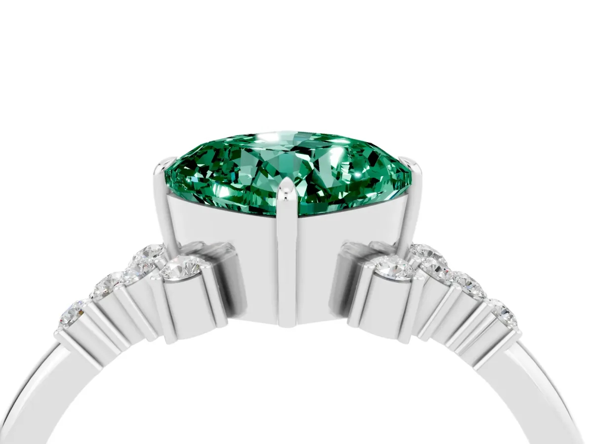 Cushion Cut Green Sapphire Ring with Side Stones and Four-Prong Setting Silver