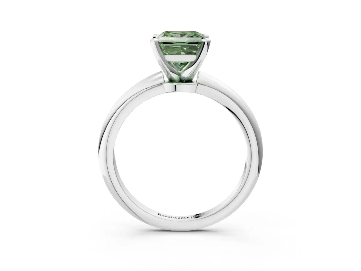 Fancy Green Princess Cut Diamond Solitaire Ring with Six-Prong Setting and Classic Band Silver