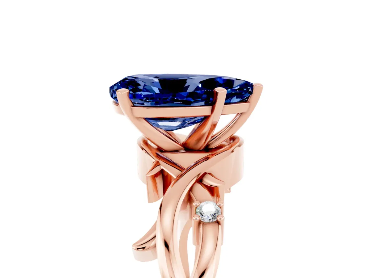 Pear Cut Blue Sapphire Solitaire Ring with Twisted Band and Prong Setting Rose gold